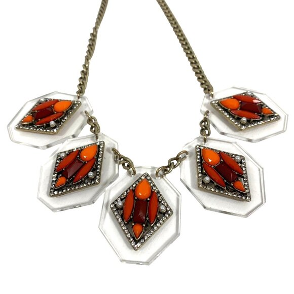 J.Crew Statement Bib Necklace Clear Rhinestone & Orange Lucite Crystal Choker - Picture 1 of 8